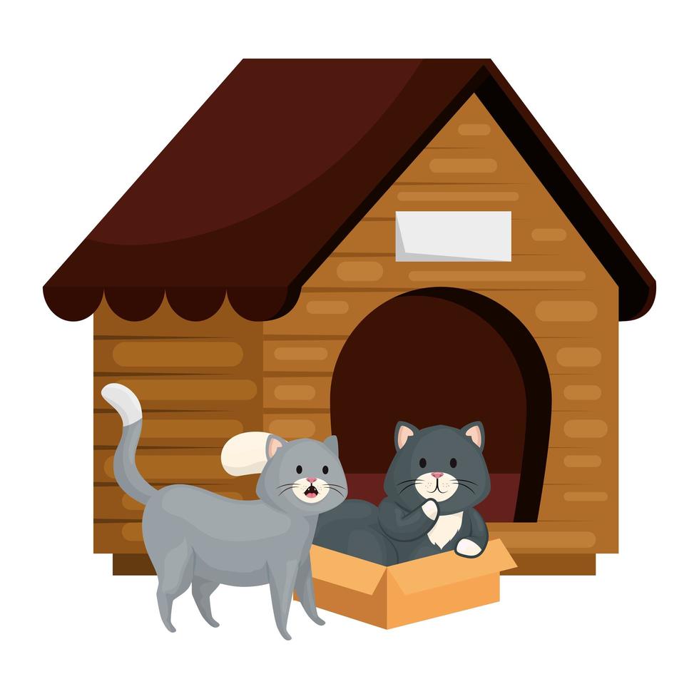 cute little cats with wooden house vector