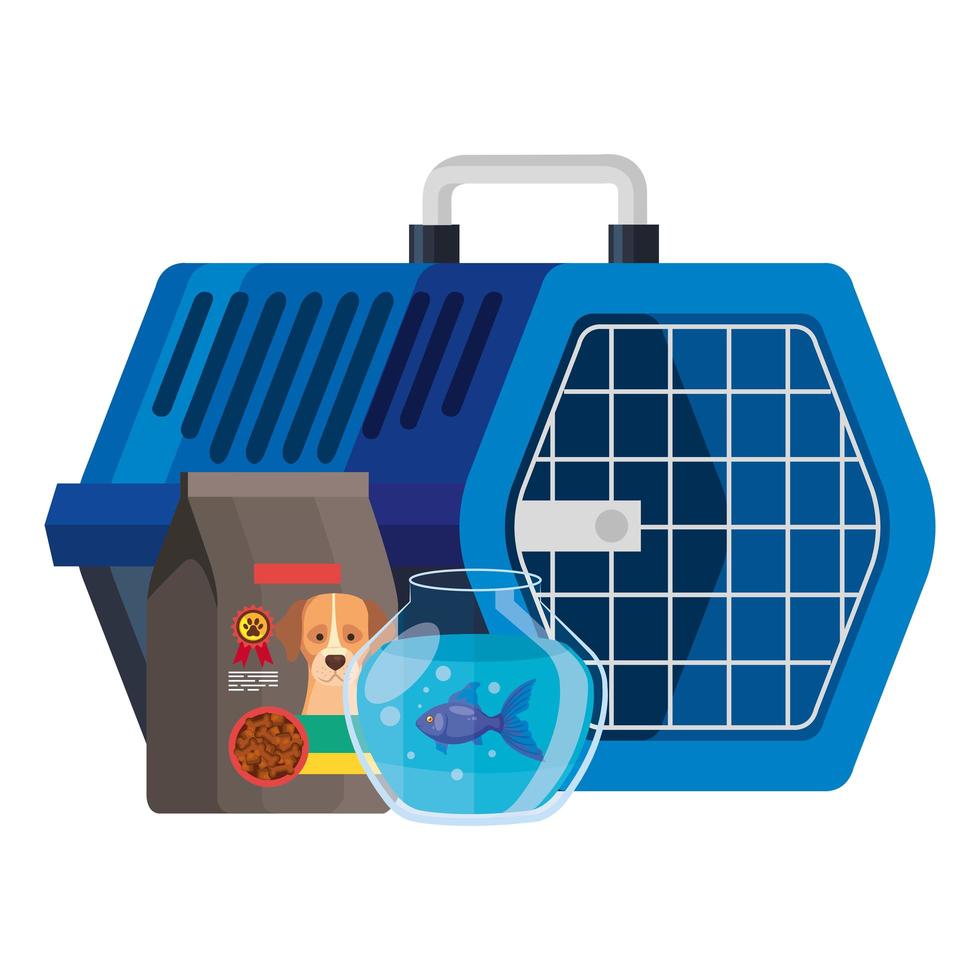 caja de transporte de mascotas con iconos vector