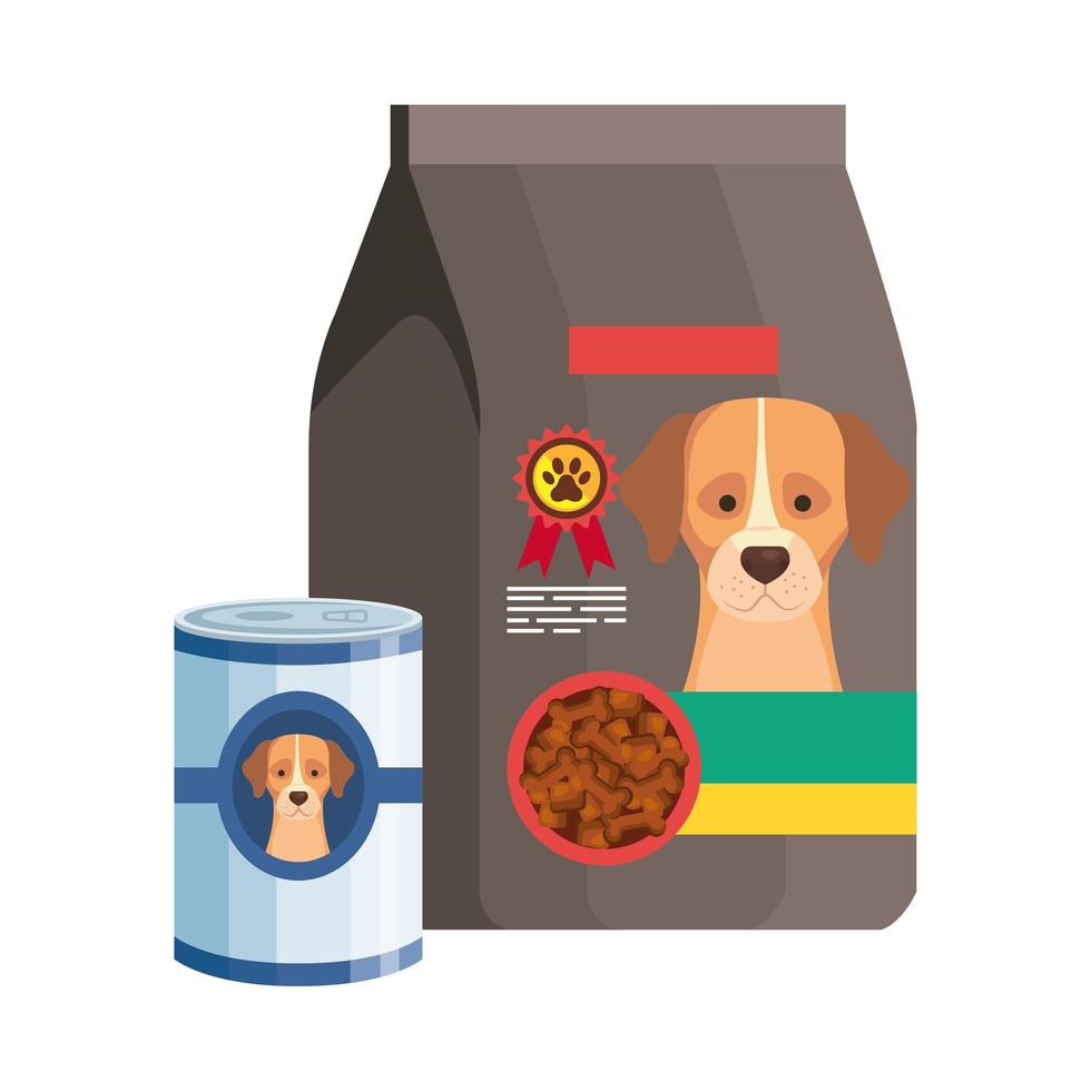 Lata y bolsa de comida para perro icono aislado vector