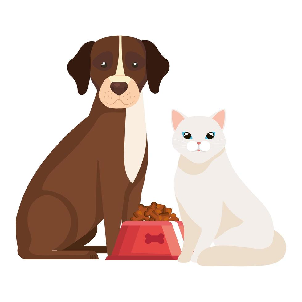 Perro con gato y plato icono aislado de comida vector