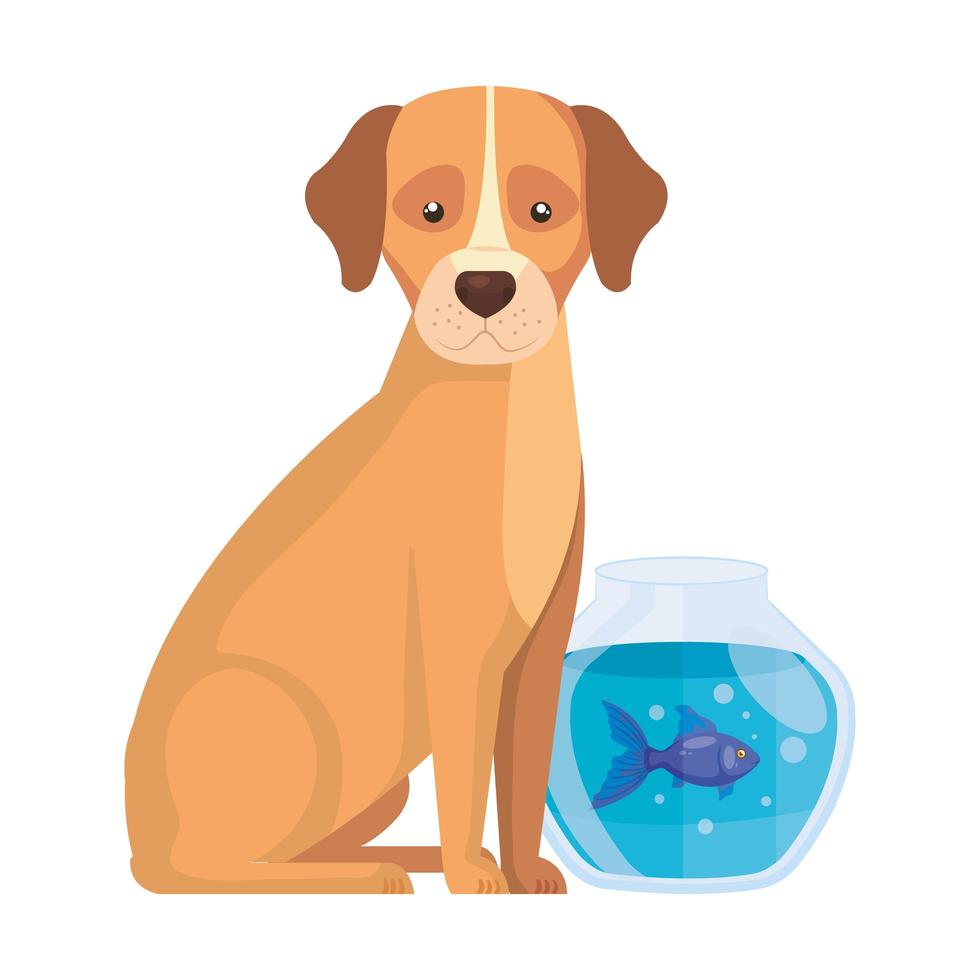 cute dog with fish bowl isolated icon vector