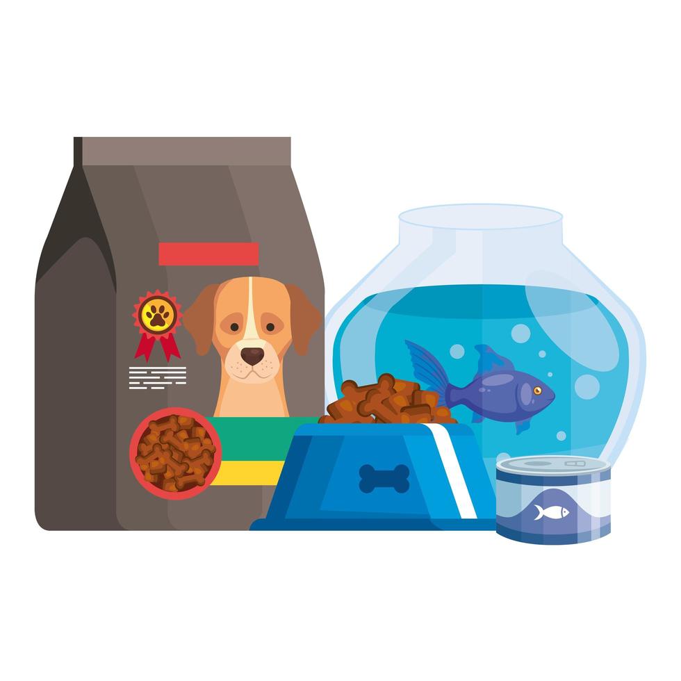 comida para perro en bolsa e iconos vector