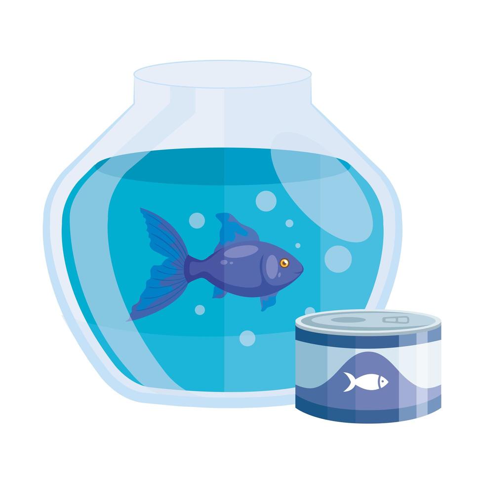 round glass fish bowl with food for fish in can vector