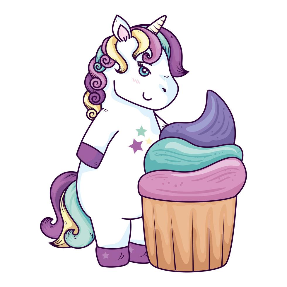 lindo unicornio fantasía con cupcake icono aislado vector