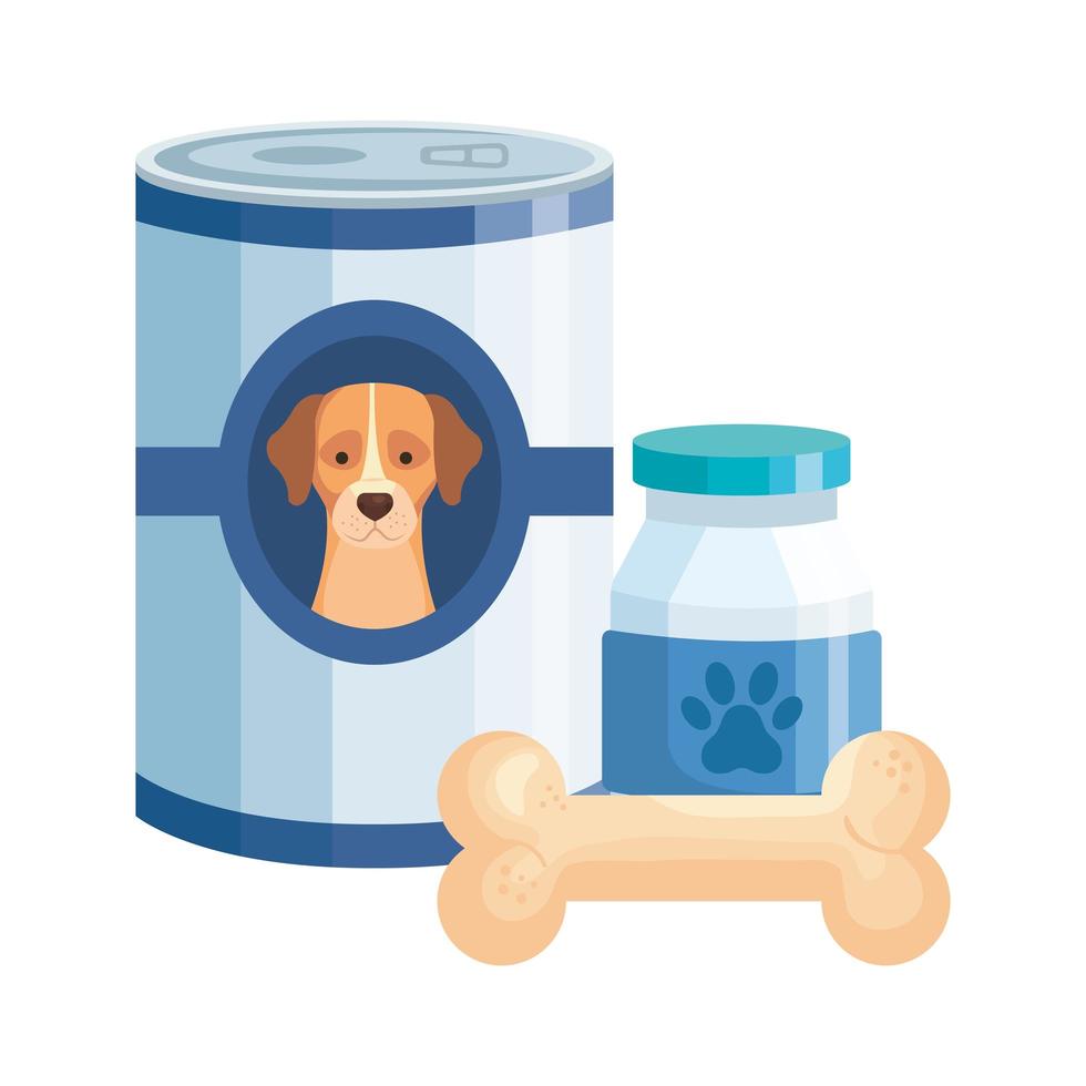 comida para perro en lata con botella medicina para perros y juguete de hueso vector