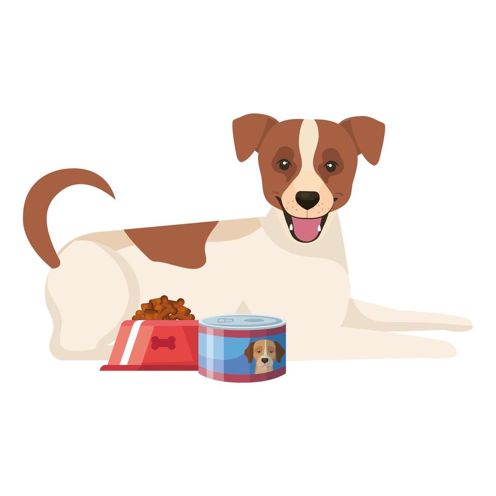 lindo perro con plato y comida puede icono aislado vector