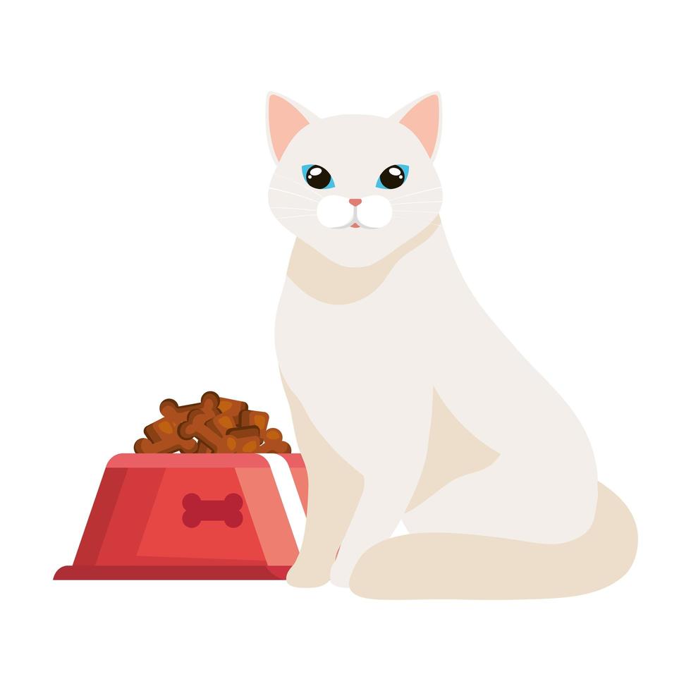 lindo gato con plato icono aislado de comida vector