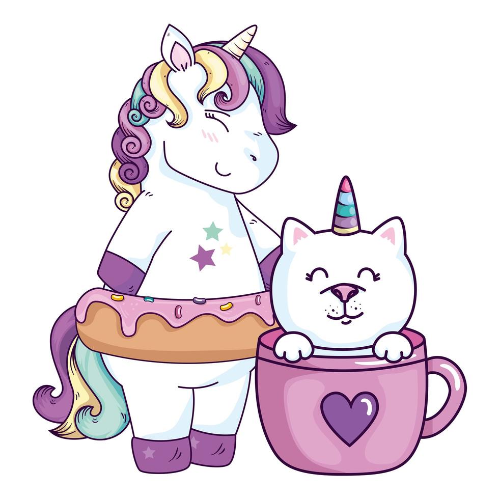 lindo unicornio con gato unicornio en taza vector