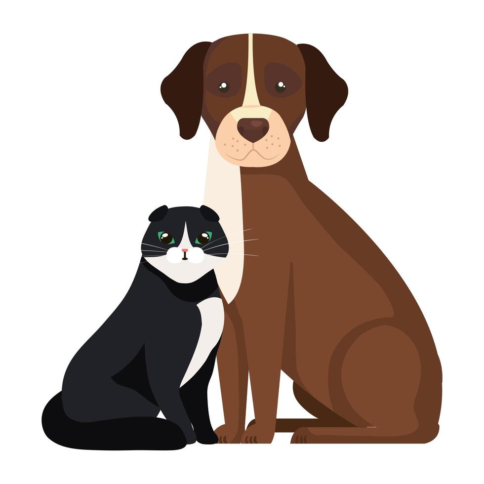 cute dog with cat black isolated icons vector