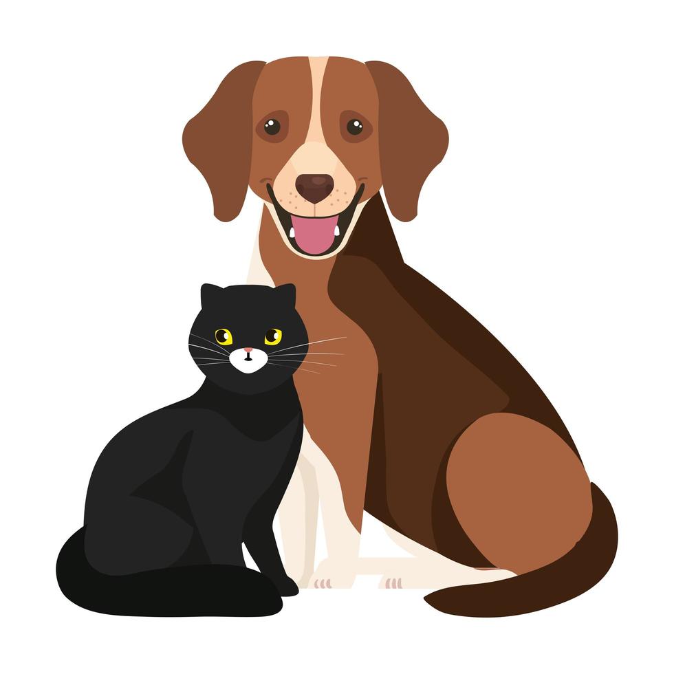 cute dog with cat black isolated icons vector