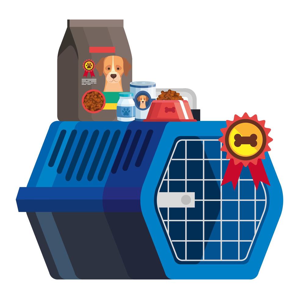 caja de transporte de mascotas con bolsa de comida para perros e iconos vector