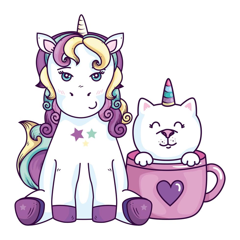 cute unicorn with cat unicorn in cup vector