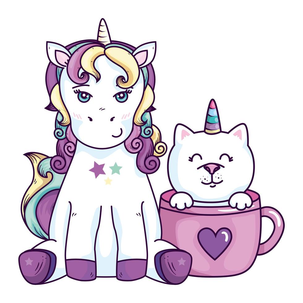 lindo unicornio con gato unicornio en taza vector