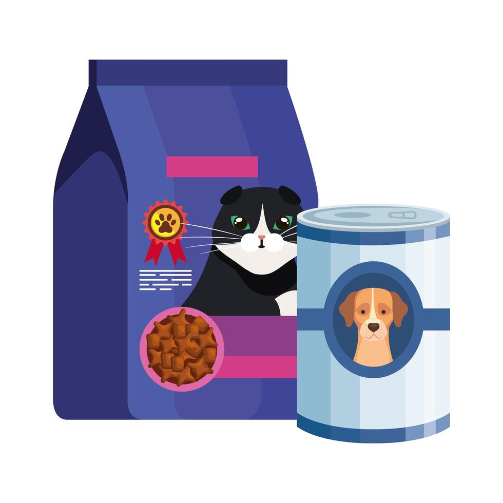 comida para gato en bolsa y comida para perro en lata vector