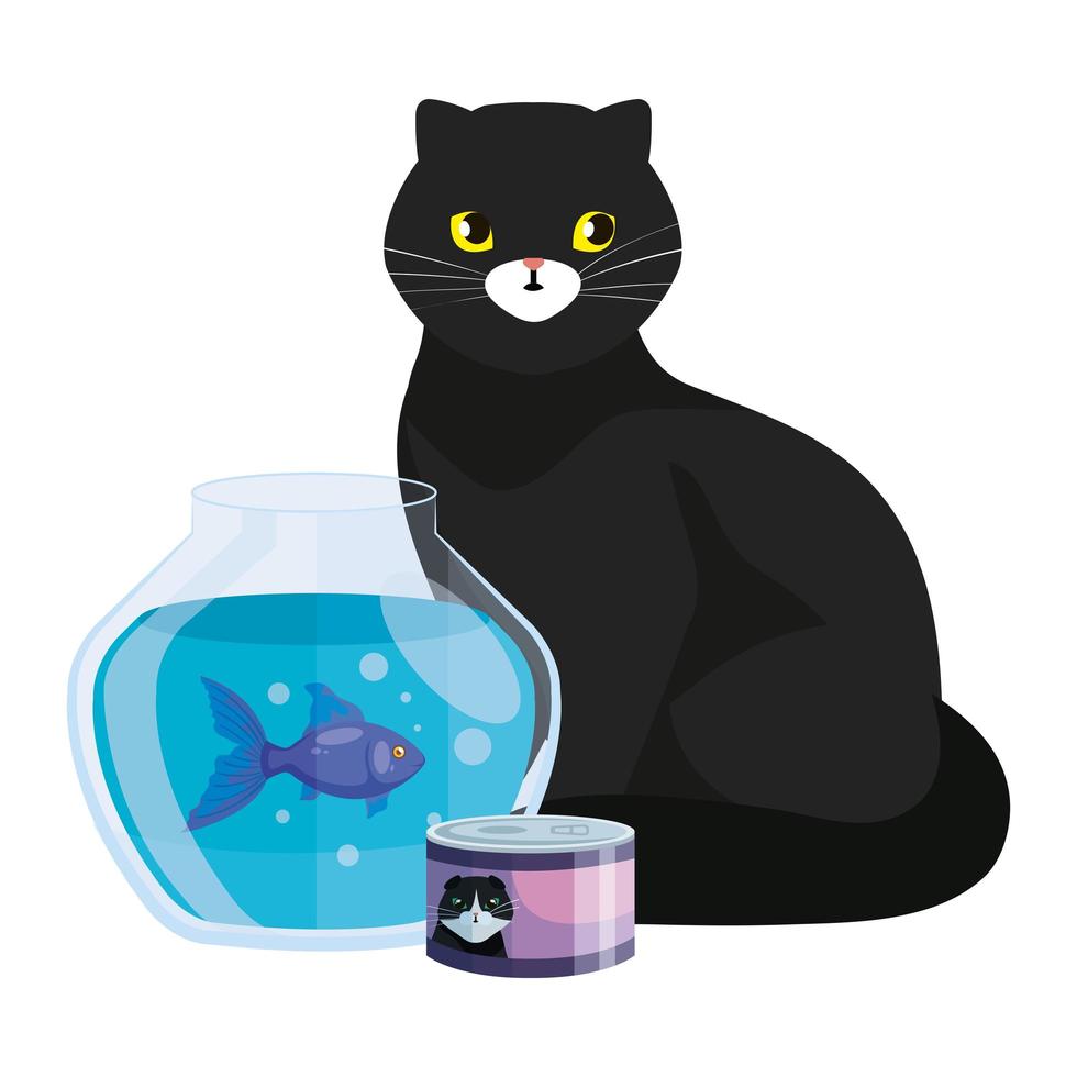 cute cat black with round glass fish bowl vector