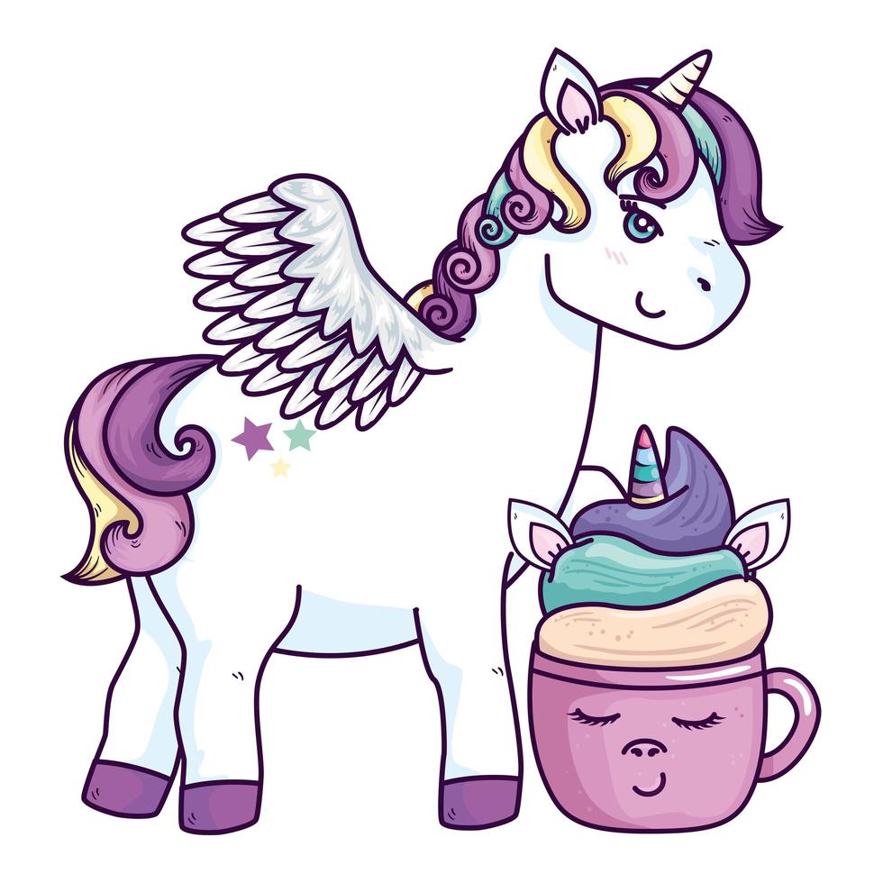 lindo unicornio con taza unicornio estilo kawaii vector