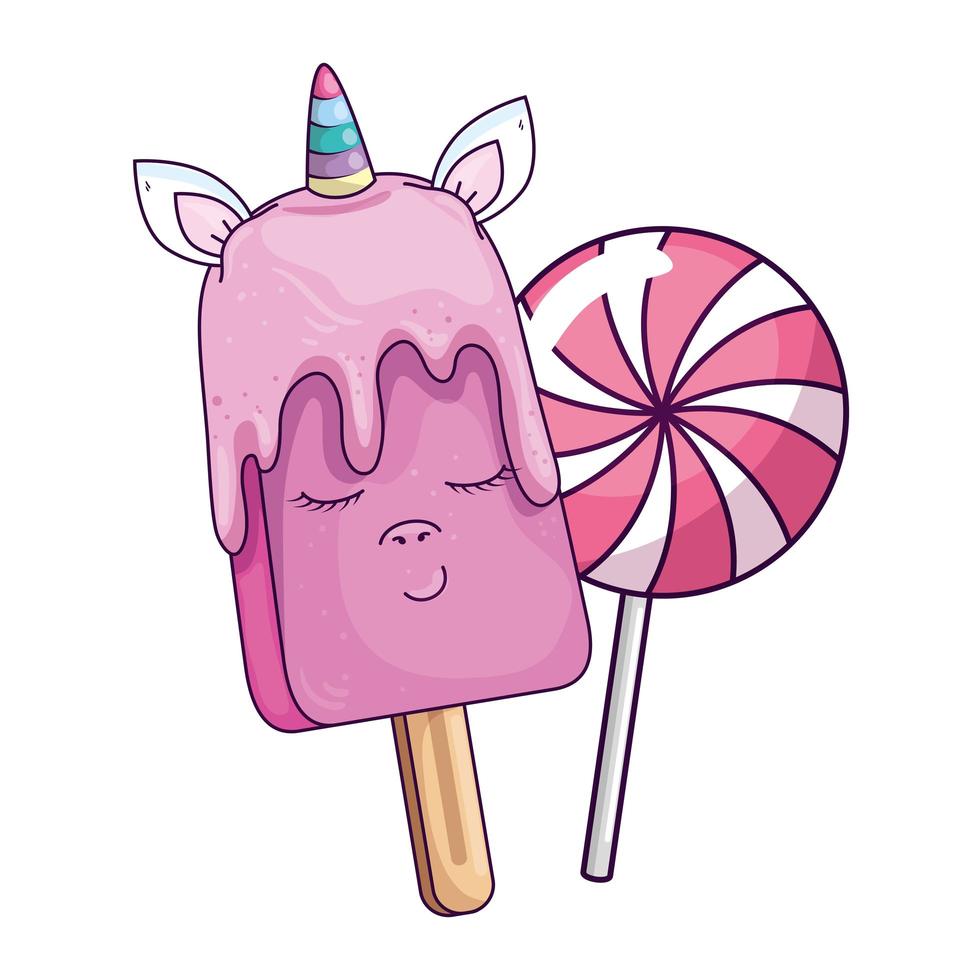 cute unicorn ice cream kawaii with lollipop vector