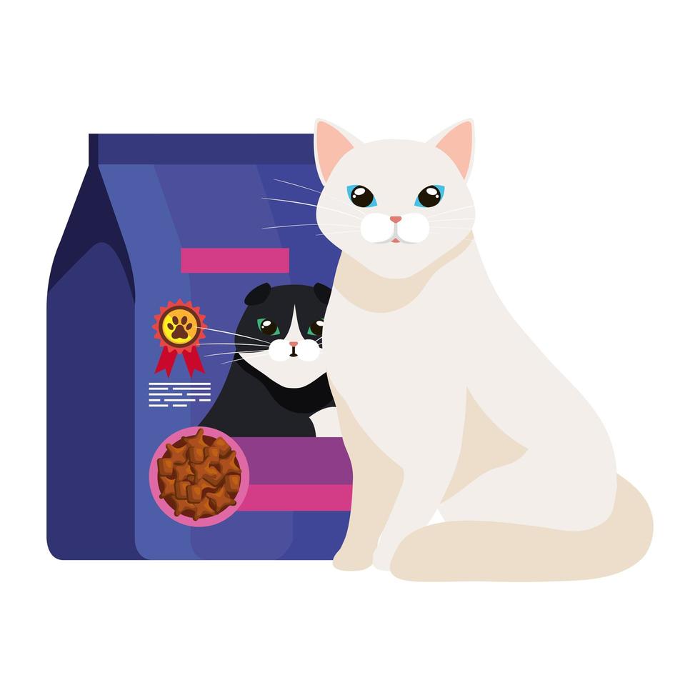 Lindo gato blanco con comida en bolsa icono aislado vector