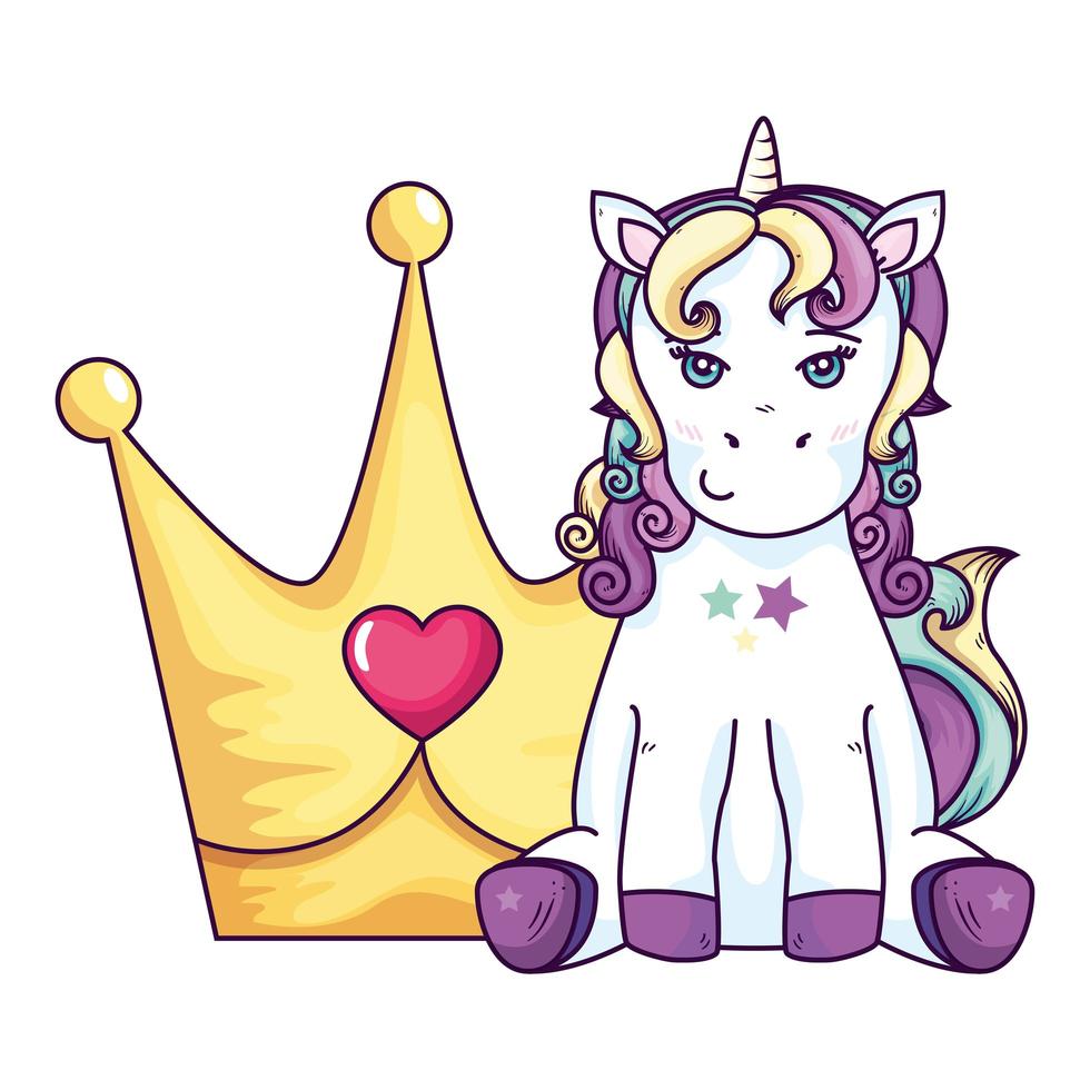 lindo unicornio fantasía con corona icono aislado vector