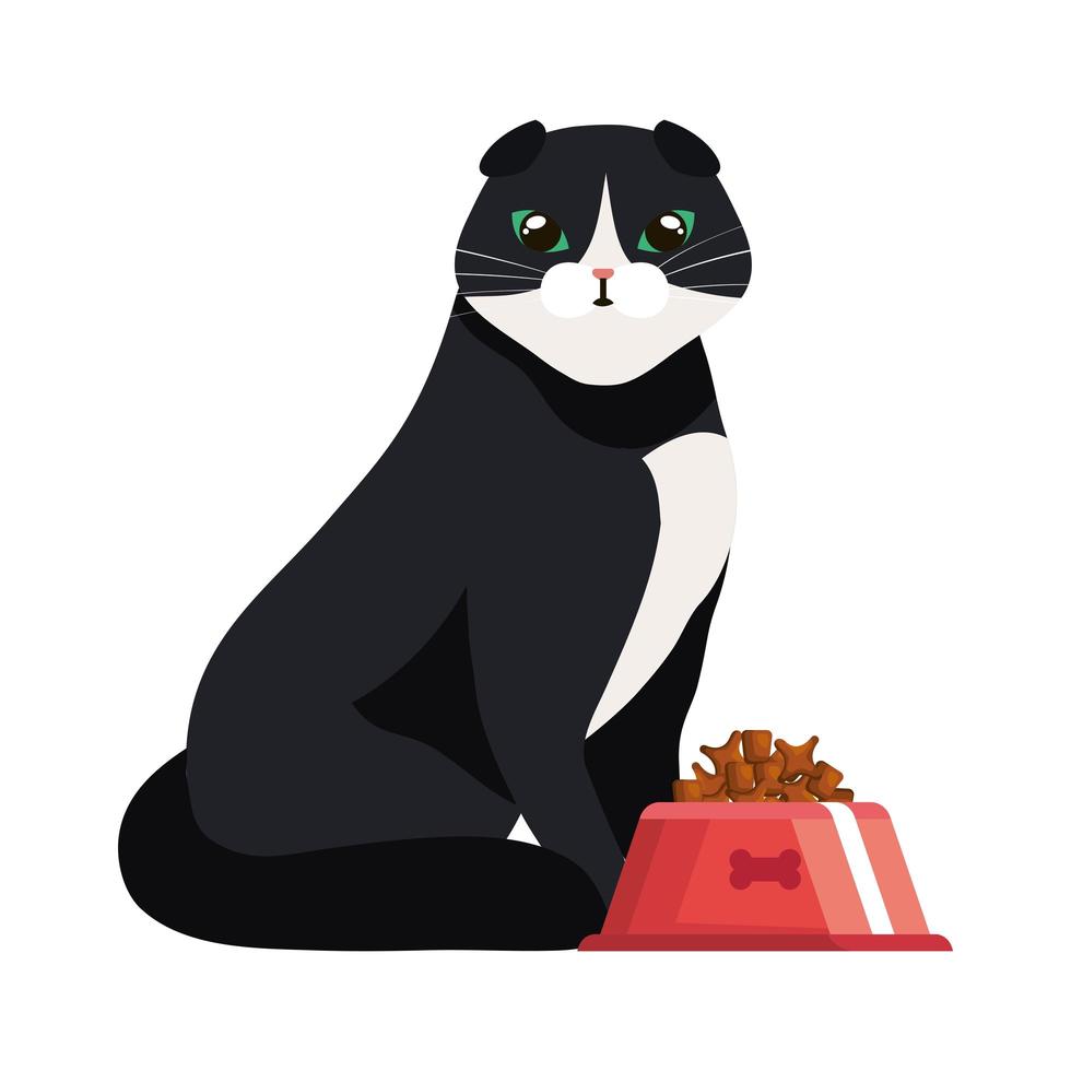 lindo gato con plato icono aislado de comida vector