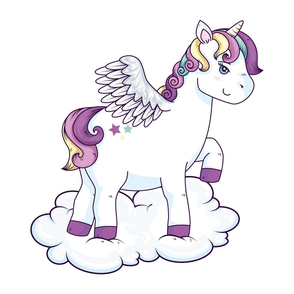 lindo unicornio con alas y estrellas en la nube vector