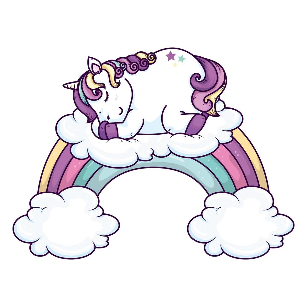 lindo unicornio durmiendo con nubes y arcoiris vector
