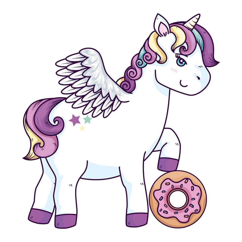 Lindo unicornio con alas y donut icono aislado vector