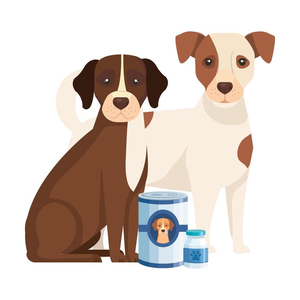 Perros lindos con comida en lata iconos aislados vector