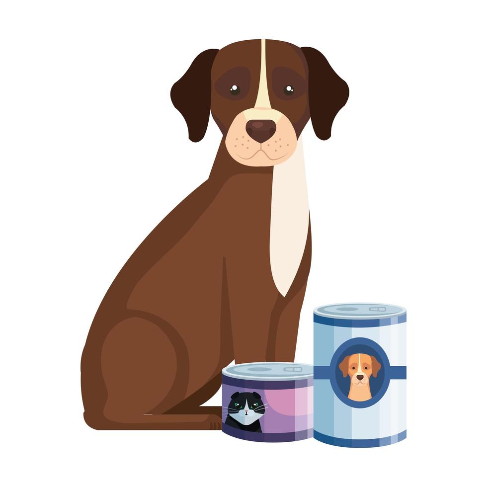 lindo perro con comida para animales en lata iconos aislados vector