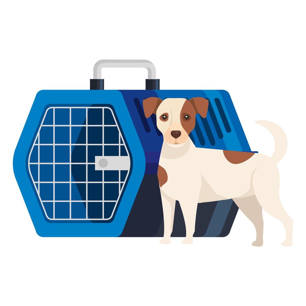 lindo perro con caja de transporte para mascotas vector
