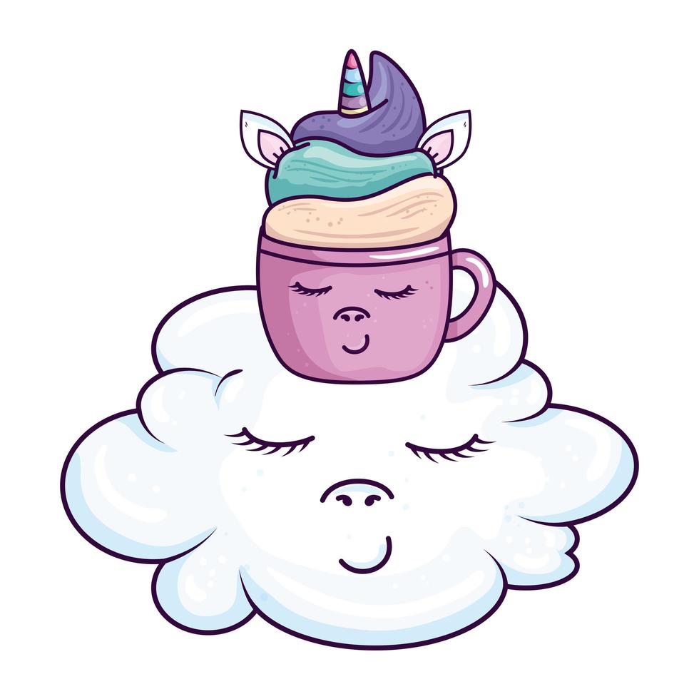 Linda taza unicornio en icono de estilo kawaii en la nube vector