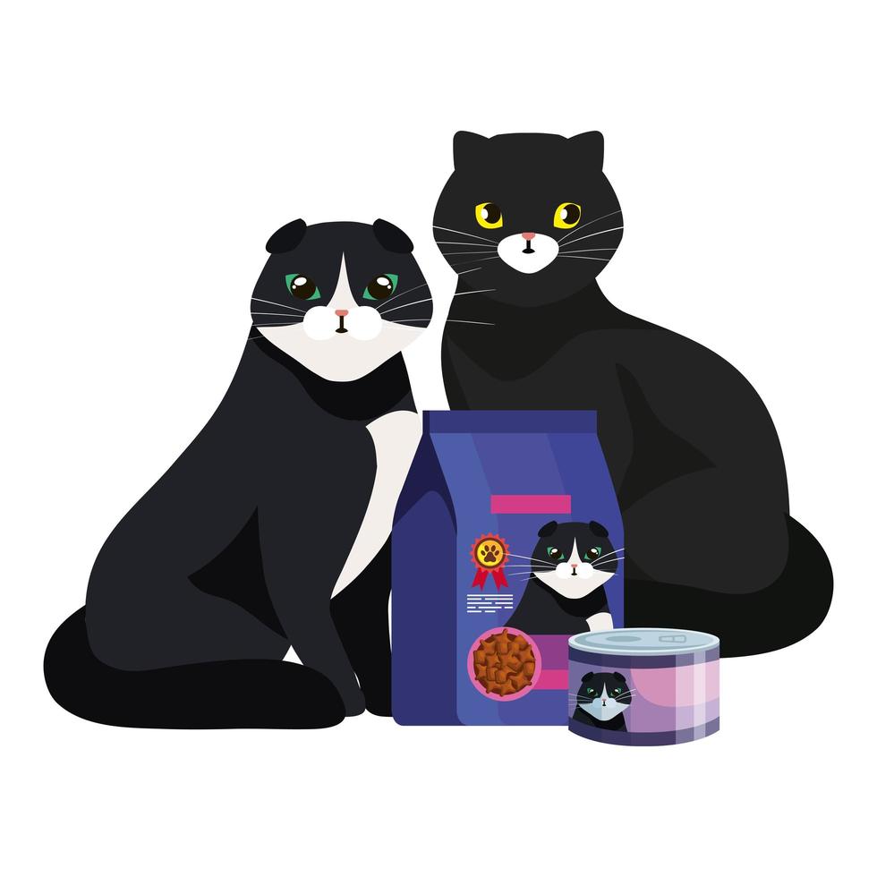 cute cats with food in bag and can isolated icon vector