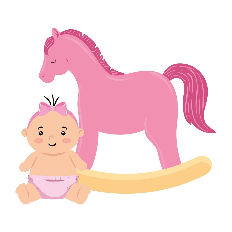 cute little baby girl with wooden horse toy vector