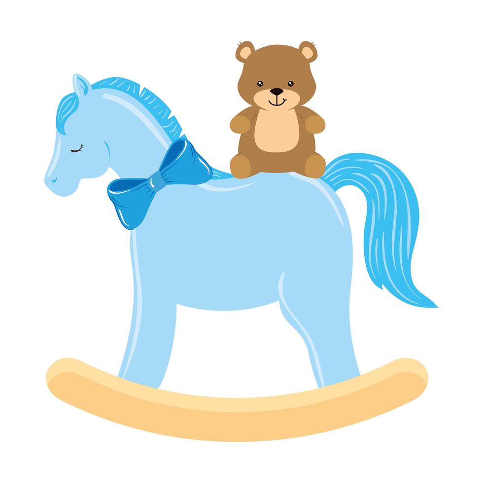 caballo de juguete de madera con osito de peluche vector