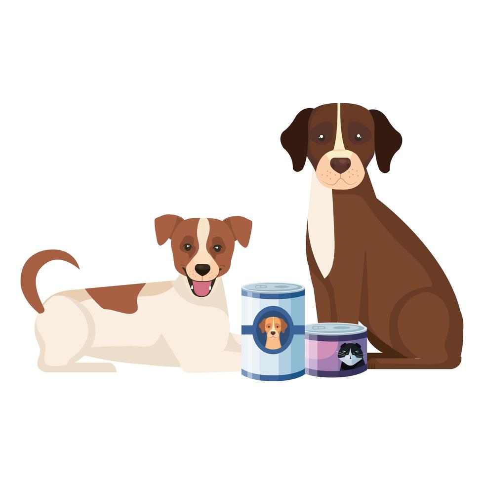 perro y gato con comida en lata vector