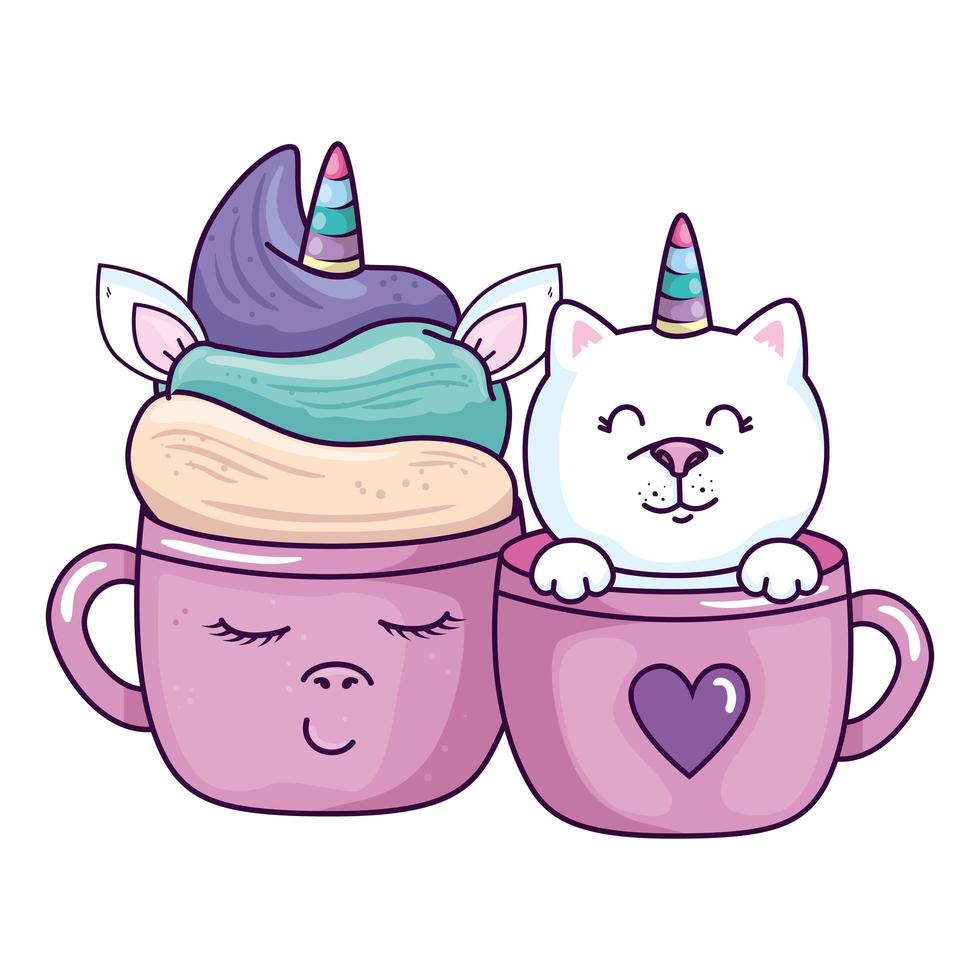 cute cup unicorn and cat in cup kawaii style vector