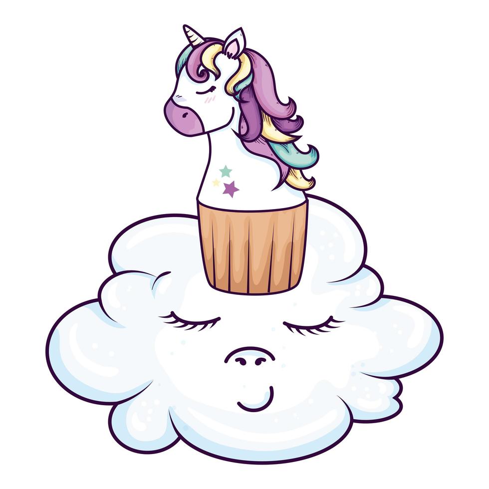 cupcake of head of cute unicorn in cloud kawaii style vector