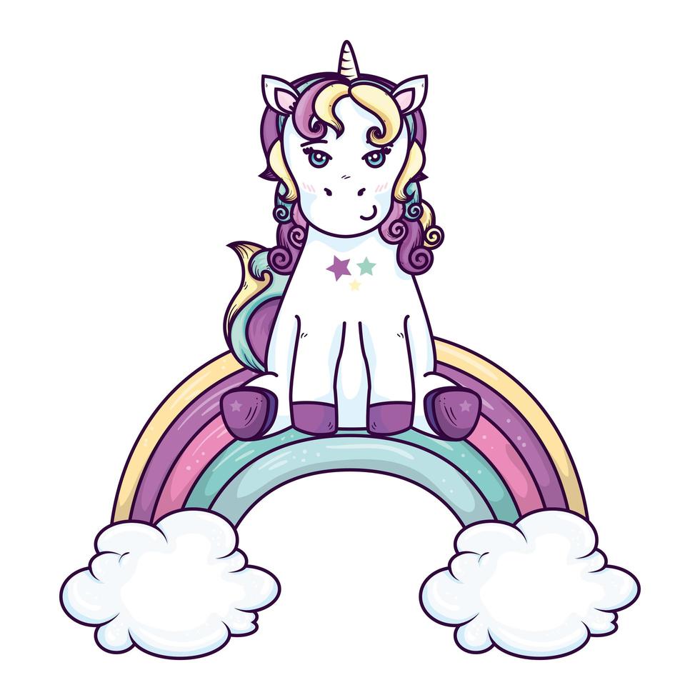 cute unicorn with clouds and rainbow vector
