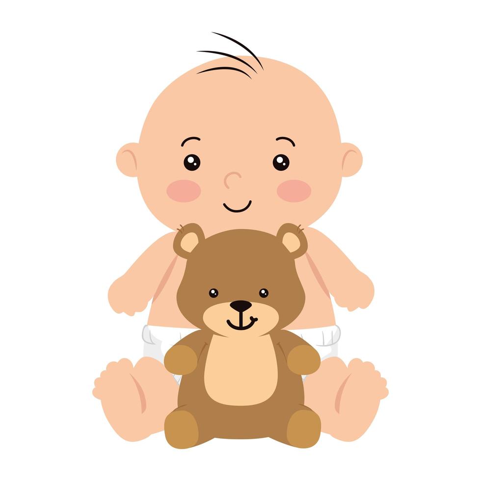 lindo bebé niño con osito de peluche vector