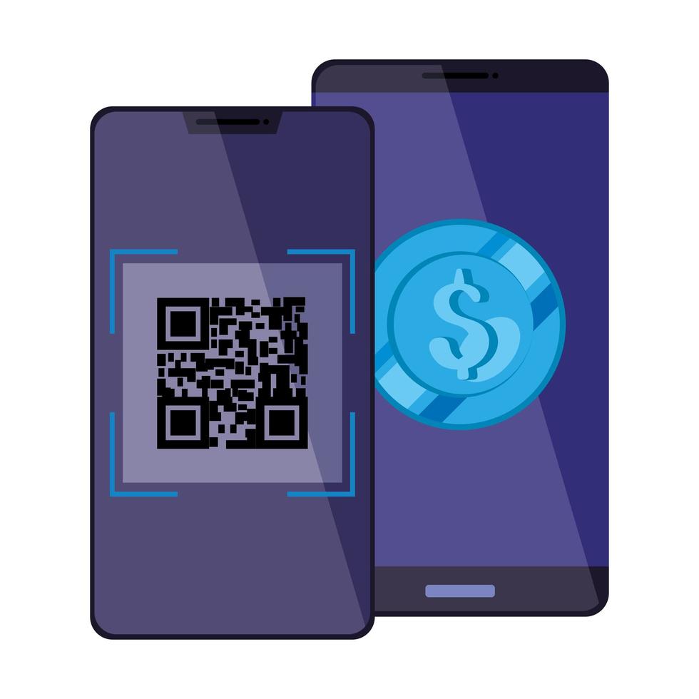 teléfonos inteligentes con código de escaneo qr y moneda vector