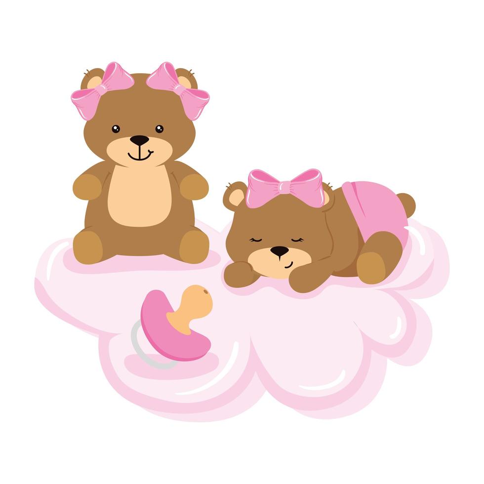 cute teddy bears female in cloud with pacifier vector