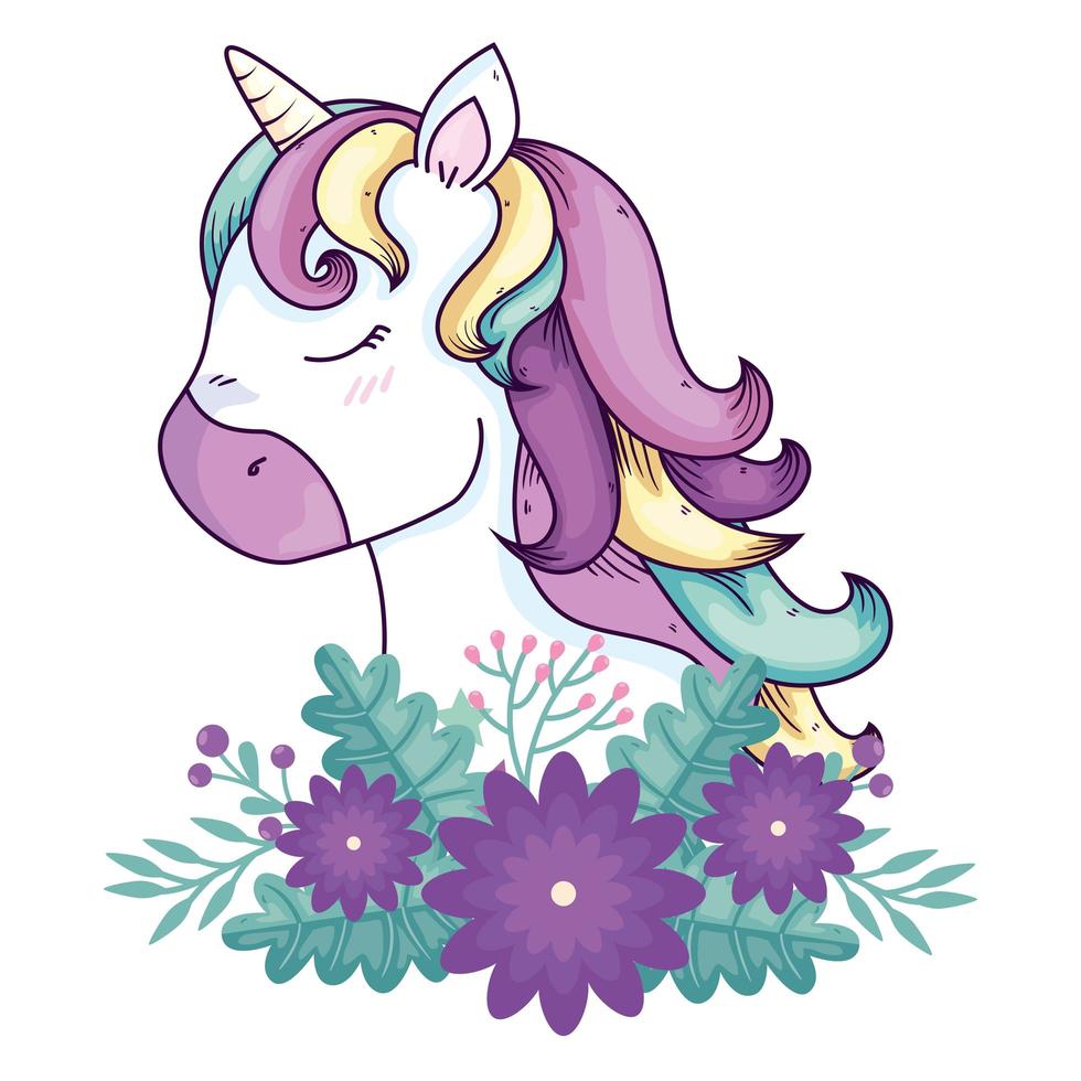 cabeza de unicornio lindo fantasía con decoración de flores vector