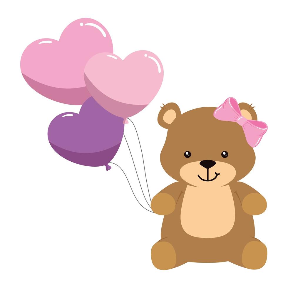 Oso de peluche femenino con globos de helio en forma de corazón vector