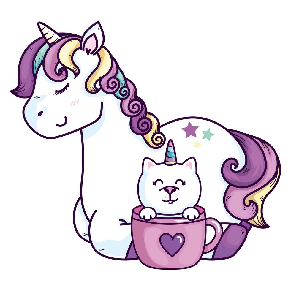 cute unicorn with cat unicorn in cup vector