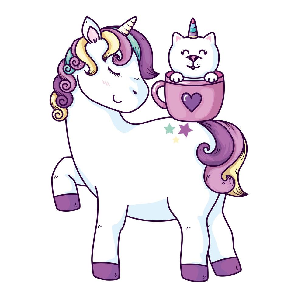 cute unicorn with cat unicorn in cup vector