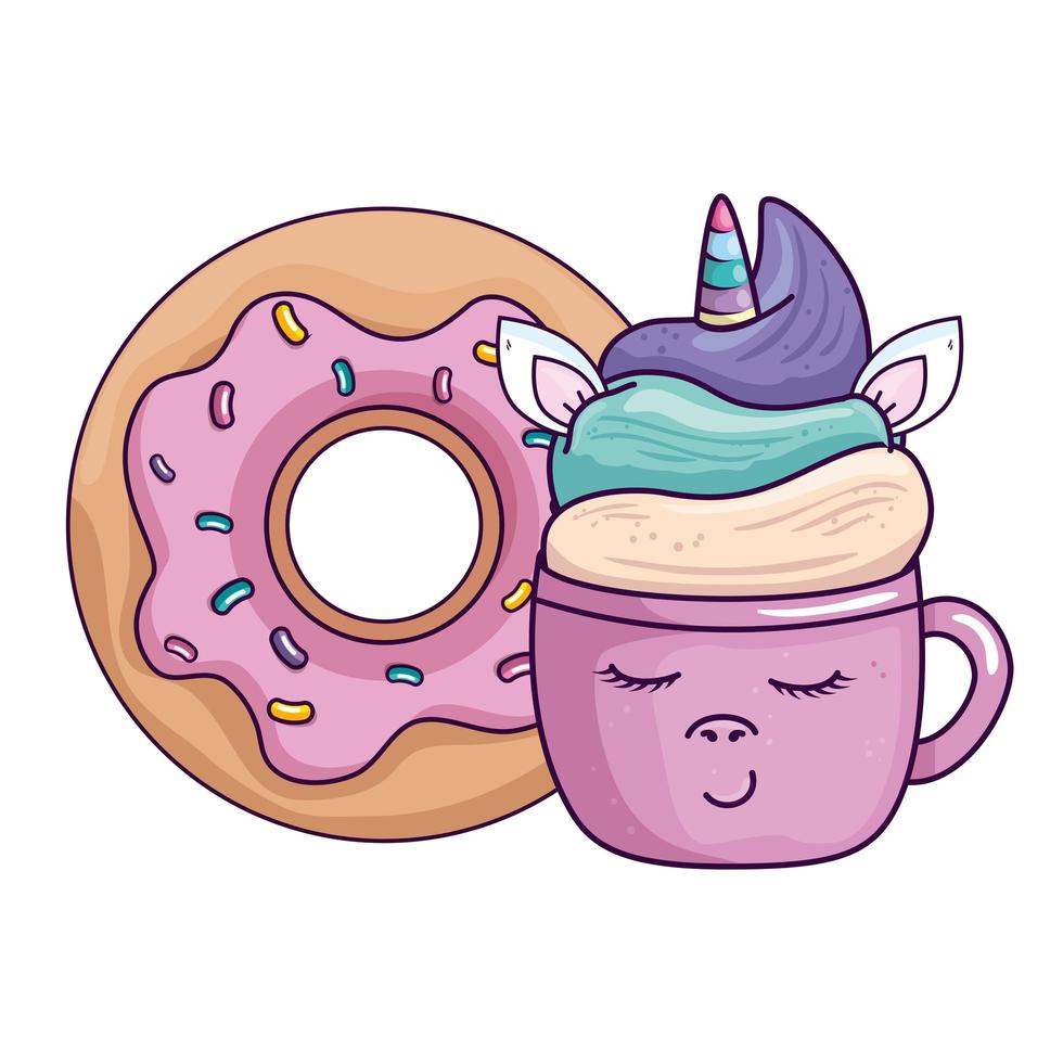 linda taza unicornio con donut estilo kawaii vector