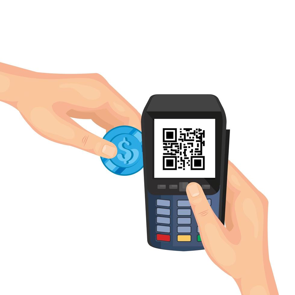 Manos usando datáfono con código de escaneo qr y moneda vector