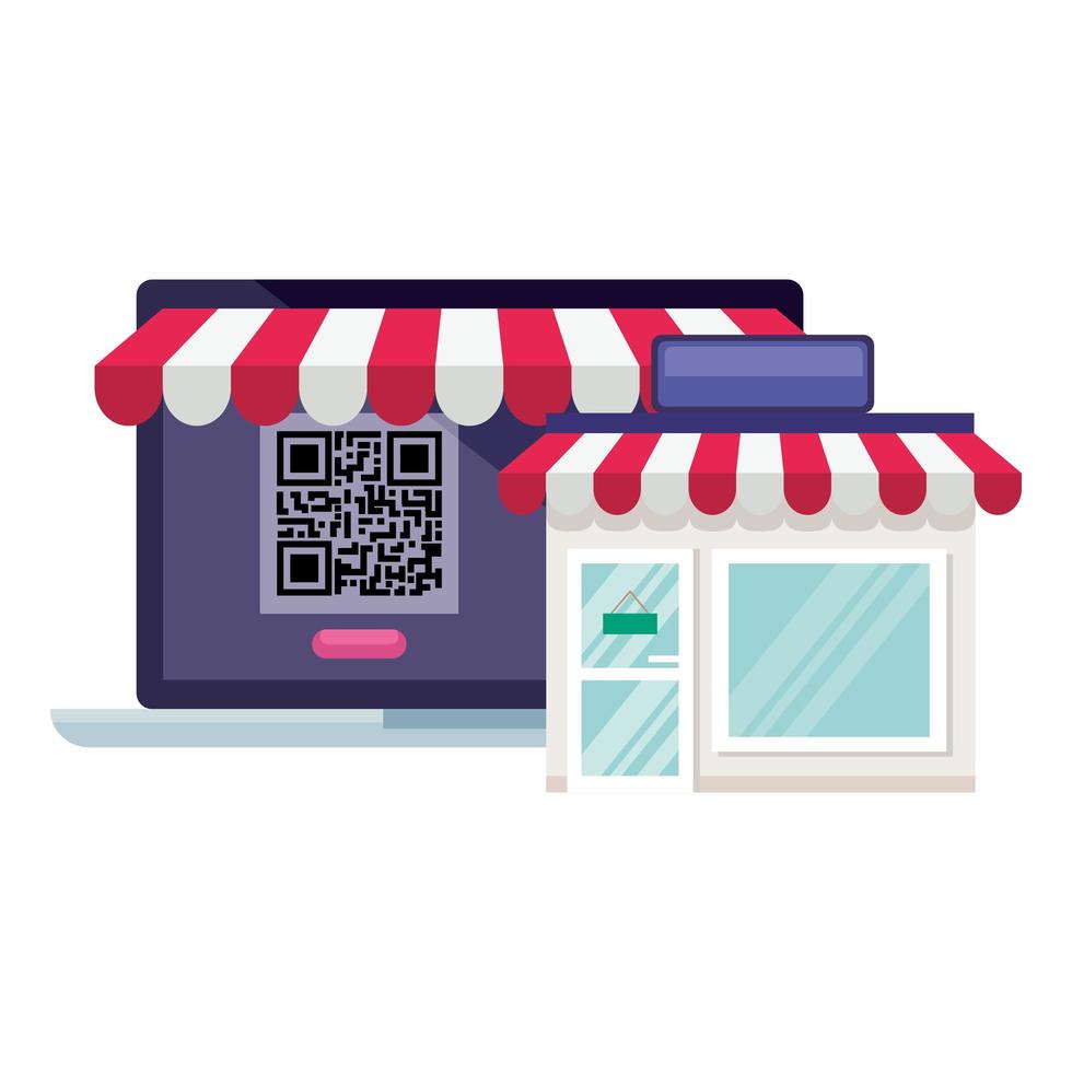 código qr dentro del diseño vectorial de la computadora portátil y la tienda vector