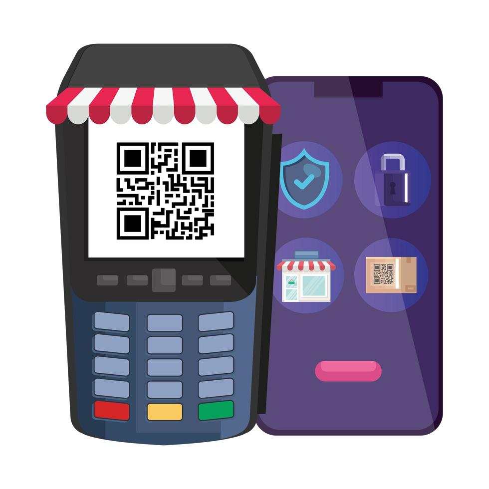 código qr dentro del diseño vectorial de datáfono y teléfono inteligente vector