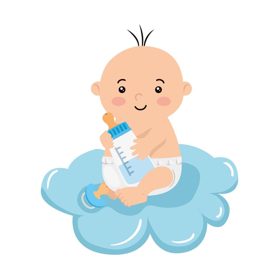 Cute Little Baby Boy con botella de leche en la nube vector